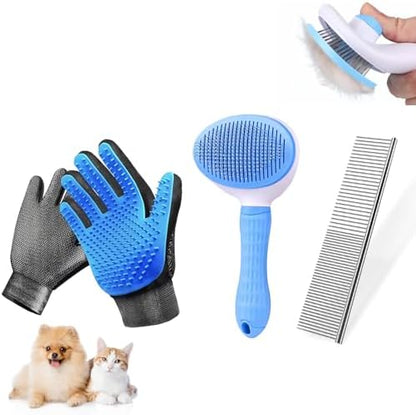 Dog & Cat Brush,Pet Grooming Kit 4PCS- Dog Brush for Shedding| A Pair Pet Hair Removal Gloves| Metal Comb for dog.Removes Undercoat, Tangled, Dirt and Massages. All hair Types