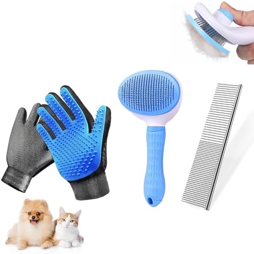 Dog & Cat Brush,Pet Grooming Kit 4PCS- Dog Brush for Shedding| A Pair Pet Hair Removal Gloves| Metal Comb for dog.Removes Undercoat, Tangled, Dirt and Massages. All hair Types