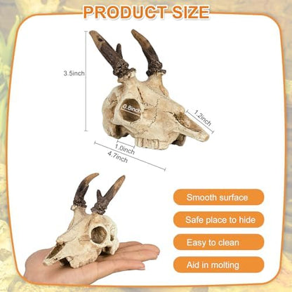 Mini Deer Skull Reptile Hide, Resin Tank Decor for Geckos, Snakes & Spiders