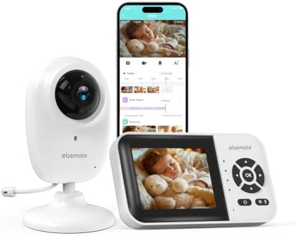 ebemate AI Baby Monitor with 1500ft Range, 2.8" Screen, Watch Viewing, Secure FHSS, Local SD & Cloud Storage, AI Cry Detection, Two-Way Talk, Private Infant Safety Camera EBES28-blk