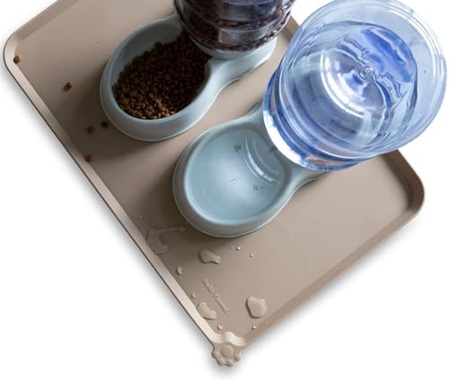 Hoki Found Large Silicone Pet Food Mats - Non Slip Dog & Cat Bowl Mats - Waterproof Tan