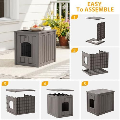 Cat Litter Box Enclosure, Multi-Functional Enclosed Cat Litter Box Furniture, Outdoor Cat House Weatherproof, Openable Front Door & Raised Floor, Easy to Clean & Assemble, Grey