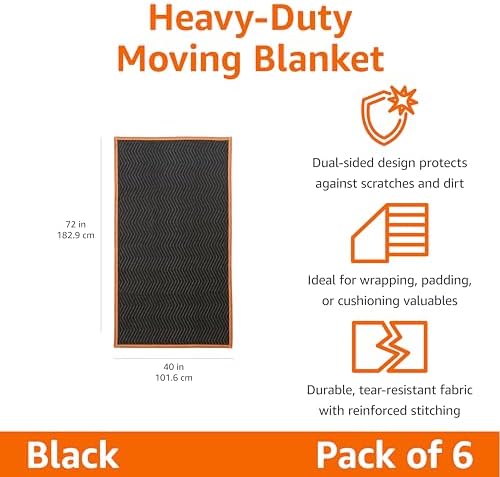 Amazon Basics Reinforced Tear-Resistant Moving Blankets, 72" x 40", Black, 6-Pack