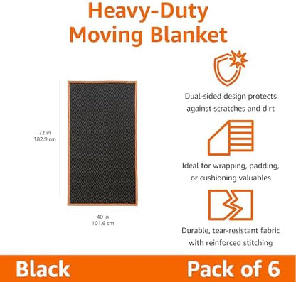 Amazon Basics Reinforced Tear-Resistant Moving Blankets, 72" x 40", Black, 6-Pack