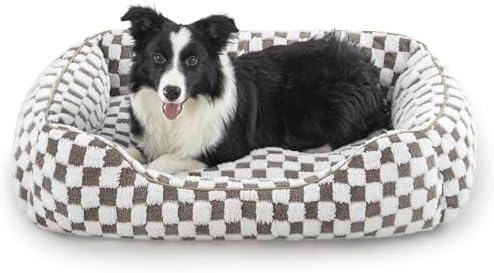 JOEJOY Dog Bed for Large Medium Small Dogs - Rectangle Orthopedic Dog Sofa Bed, Cute Modern Puppy Bed with Jacquard Shaggy Plush & Anti Slip Bottom, 35x25x10inches, Cofffee