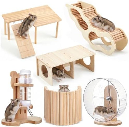 6 Pcs Hamster Toys Set, Maze Wood House, Climbing Ladder Wooden Bridge Tunnel Toy Platform Silent Exercise Running Wheels and Water Bottle Set for Rat Guinea Pig Habitat Cage(Premium)