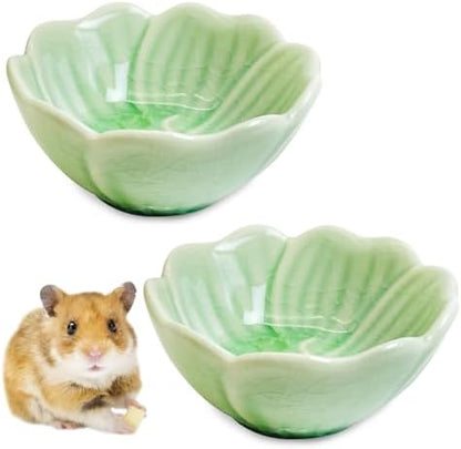 BNOSDM 2 Pcs Hamster Ceramic Food Bowl Flower Series Gerbil Drinking Bowls Anti-Turning Food & Water Dish for Dwarf Syrian Hamsters Gerbil Chinchilla（Green, Narcissus Pattern）