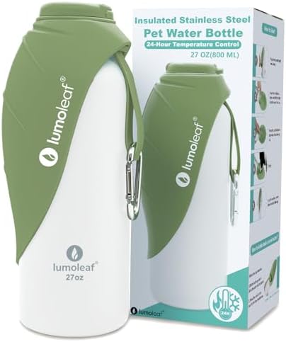 LumoLeaf Insulated Dog Water Bottle 27 oz Stainless Steel - Keep Water Cool or Warm, Portable Pet Water Bowl for Travel, Wide Mouth for Easy Ice Filling & Cleaning (Green, 27 oz)