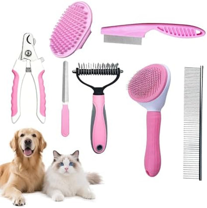 7PCS Dog Grooming Brush Kit for Shedding and Matted Fur, Self-Cleaning Slicker Brush with Undercoat Rake, Flea Comb for Long-Haired Pets, Pink
