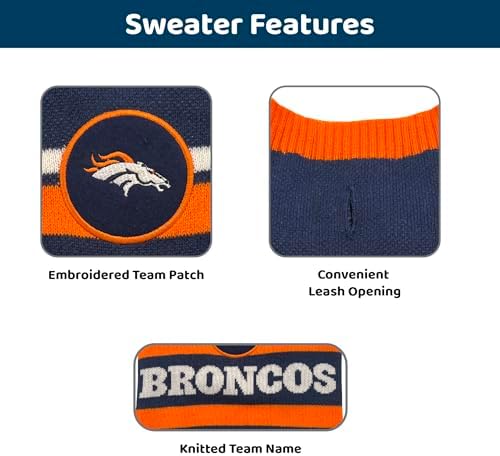 Pets First NFL Denver Broncos Dog Sweater, Size Extra Small. Warm and Cozy Knit Pet Sweater with NFL Team Logo, Best Puppy Sweater for Large and Small Dogs, Team Color (DEN-4179-XS)