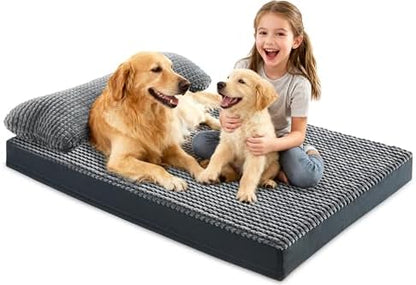 KISYYO Orthopedic XL Dog Beds for Extra Large Dogs with Removable Washable Cover and Removable Pillow for Crate,Waterproof Extra Large Dogs Mat, Grey, 41x27
