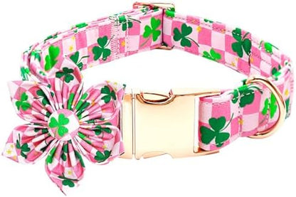 Trefoil Plaid Dog Collar with Flower for Medium Female Dogs