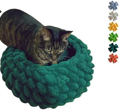 Cat Nest Bed, Handwoven Washable Round Cave Kitten (DGreen,M)