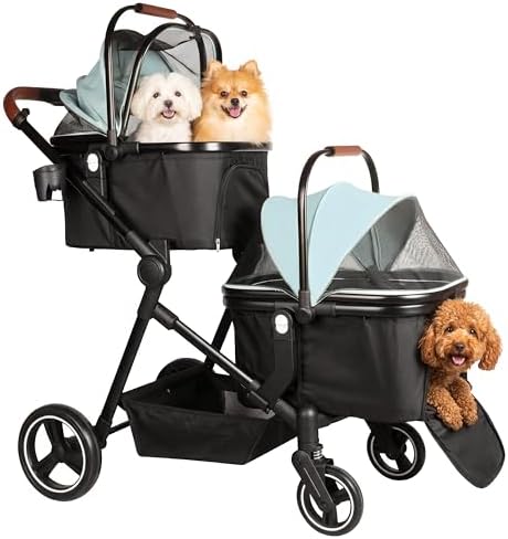 Foldable Double Pet Stroller for 2 Small Medium Cats Dogs