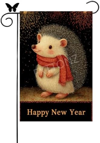 Happy New Year Garden Flag 12x18 Double Sided Vertical Linen Small Fireworks Hedgehog House Flag Welcome Holiday Winter House Outdoor Outside Decorations (27183)