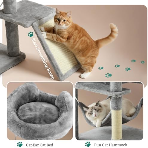 YITAHOME Tall Cat Tree for Indoor Cats, 75 inch Multi-Level Cat Tower with Cat Condos, Top Perches, Sisal Ramp Scratching Posts, Cozy Basket, Hammocks, Large Cat Pet Activity Structure, Light Gray