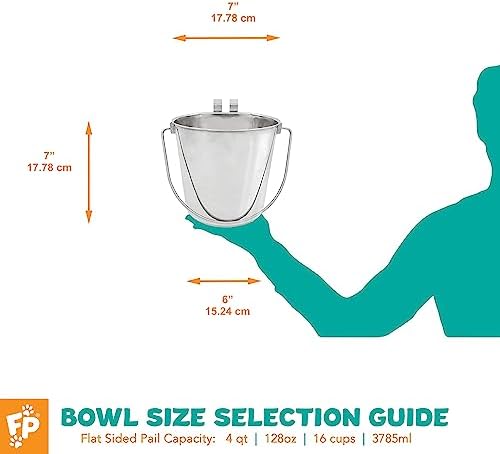 Fuzzy Puppy Flat Sided Pail with Dual Hooks, Snugly Fit On Dog, Cat and Critter Crates & Cages, Heavy Duty Stainless Steel | 4 Quart, (PN: FSP-4)