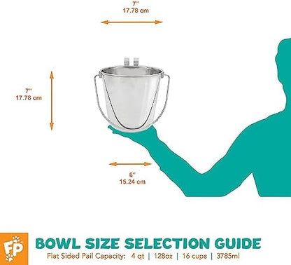 Fuzzy Puppy Flat Sided Pail with Dual Hooks, Snugly Fit On Dog, Cat and Critter Crates & Cages, Heavy Duty Stainless Steel | 4 Quart, (PN: FSP-4)