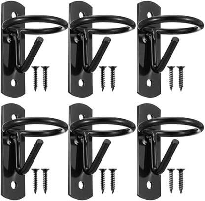6 Pcs Metal Bucket Hooks for Horses - Heavy Duty Bucket Holder with Ring, Wall Mount Water Hangers for Stall, Barn, Farmhouse Supplies (Black)