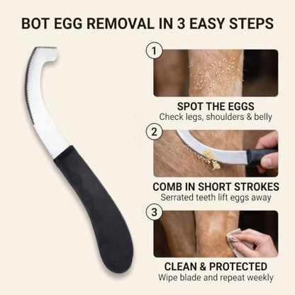 Pro Farrier Grooming Bugs Bot Knife– Stainless Steel Blade, Plastic Handle, Multi-Purpose Mane and Coat Cleaning Tool for Horses, Goats, and Cattle (Blue)