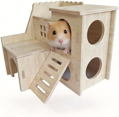 Multi-Chamber Wooden Hamster Hideout, House and Cage Accessory, Model 1