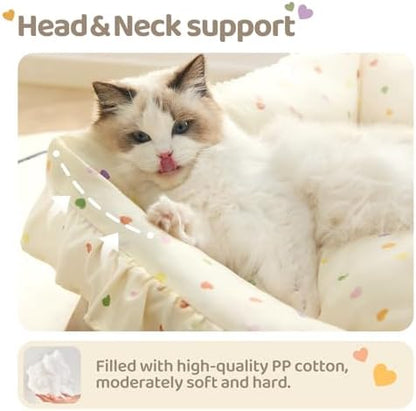 Jiupety Cat Bed for Indoor Cats Dog Beds for Small Dogs Removable Washable Small Dog Beds Pet Beds with Slip-Resistant Bottom Ruffled Puppy Beds with Pillow,Beige 24"x20"