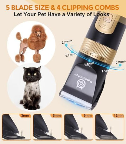 Petsaunter Dog Hair Clippers,4-Speed Low Noise Rechargeable TypeC Electric Pet Hair Shavers,Essential Quiet Grooming Clipper Tools Set for Small & Large Dogs Cats with Thick & Heavy Coats(C95 Set)