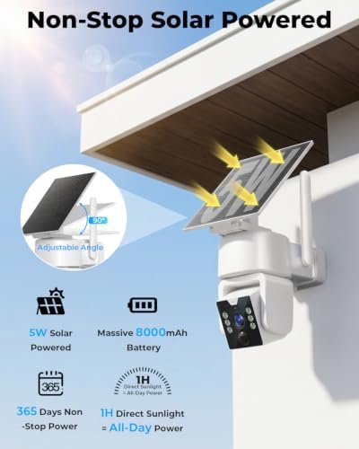 4MP Outdoor Security Cameras Solar Powered 360°PTZ, No Subscription, Local Storage, Color Night Vision, 5G & 2.4G WiFi Wireless Camera System for Home Exterior, IP66