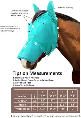 Harrison Howard UV-Proof Forelock Opening Reliable Protection Horse Fly Mask Long Nose with Ears Mint Warmblood Extra Large