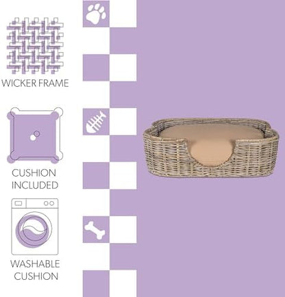 DBD1002A Scallop 27" x 18.25" Tropical Handwoven Rattan Dog Bed with Machine Washable Cushion, Kubu Gray