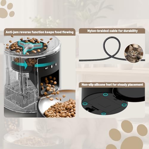 Miaosical Automatic Cat Feeder,2.4G WiFi Timed Auto Cat Food Dispenser with 10s Voice Recorder,Dual Power Supply,4.2L Auto Cats Feeder(Black, 4.2L WiFi Single Bowl)