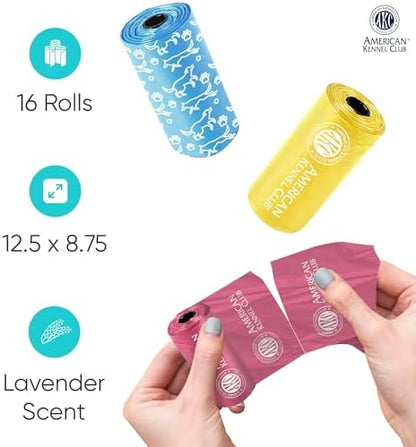 American Kennel Club Dog Poop Bags - Leak Resistant Pet Waste Bags - 16 Refill Rolls - Lavender Scent - 240 Count (Puppy Print)