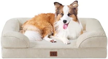 EHEYCIGA Orthopedic Dog Beds for Large Dogs, Waterproof Memory Foam Large Dog Bed with Sides, Non-Slip Bottom and Egg-Crate Foam Pet Couch Bed with Washable Removable Cover, Beige