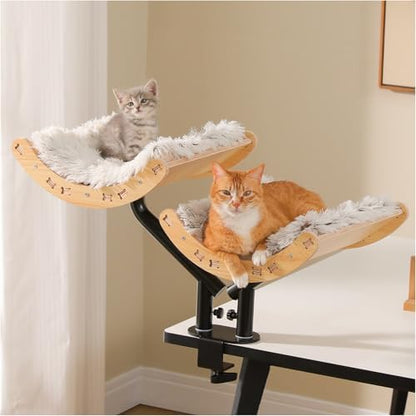 PEQULTI Desk Cat Bed for 2 Cats, 2-Tier 360° Rotating Cat Hammock, Beige