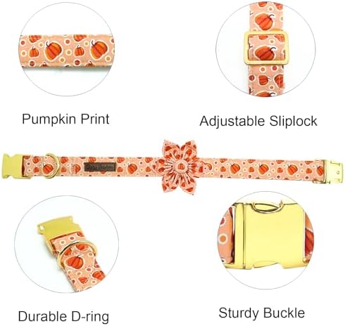 Dog Collar Halloween Fall Orange Pumpkin Print Pet Collar Soft Cute Dog Collars with Flower Adjustable Metal Buckle Collar for X-Large Dogs