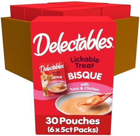 Delectables Lickable Treat Bisque Non-Seafood Wet Cat Treat with Real Tuna & Chicken, Food Topper, Hydrating, Grain-Free, No Fillers, By-Products, Added Preservatives, 1.4oz Pouch, 30ct