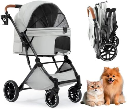 Pet Stroller for Small/Medium Dogs & Cats Up to 50 lbs, 4-Wheel One-Click Foldable Pet Stroller with Reversible Handle, Removable Pad, Cup Holder and Storage Basket (Grey)