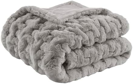 Madison Park Ruched Fur Throw Faux Fur Blanket for Sofa, 50" x 60", Grey