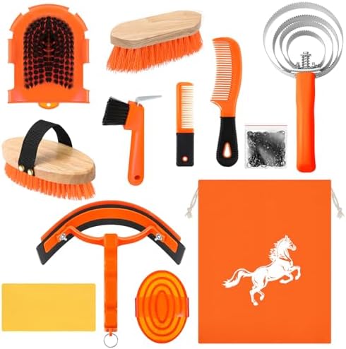 Abbylike 12 Pieces Horse Grooming Kit Equine Care Brushes, Orange