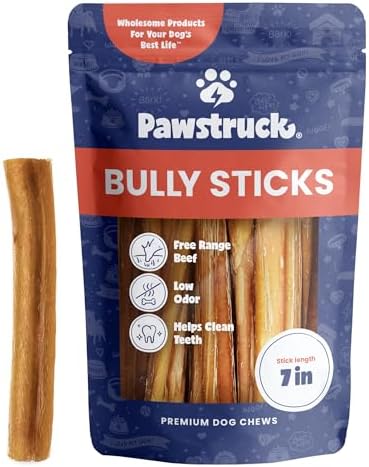Pawstruck All-Natural 7" Bully Sticks for Dogs - Long Lasting, Rawhide-Free, Low Odor & Grain-Free Dental Chew Treat - Healthy Single Ingredient, 100% Real Beef - 1 lb Bag