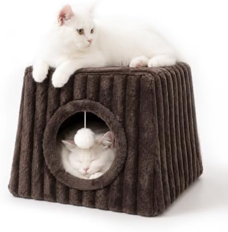 Dogpals Cat Cave House 18.5"" x15.4 x15.4 XL with Fluffy Balls (Coffee)