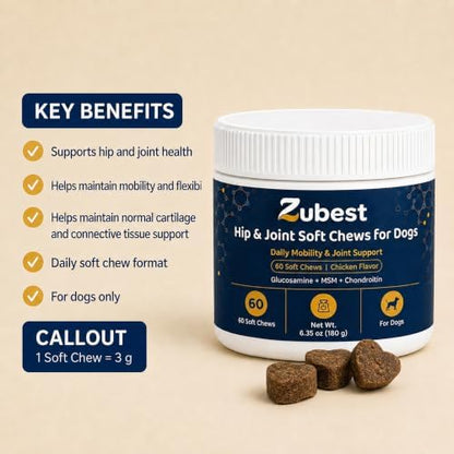 Zubest Hip & Joint Chews for Dogs, Glucosamine Chondroitin MSM, 60 Count