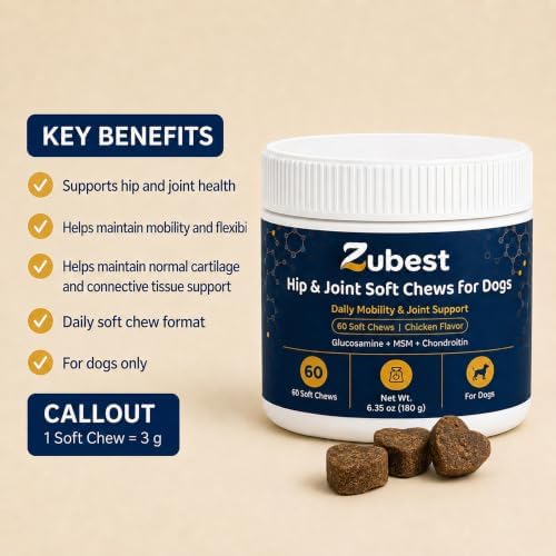 Zubest Hip & Joint Chews for Dogs, Glucosamine Chondroitin MSM, 60 Count