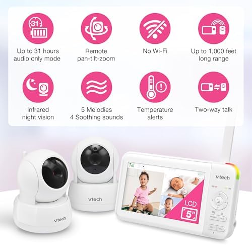 VTech Baby Monitor No WiFi, 2 Cameras – Monitor Two Rooms, Remote Pan-Tilt-Zoom, Hack-Proof, 5" Screen, 17Hr Battery, 1000ft Range, Night Vision, Temperature Sensor | 924-2W