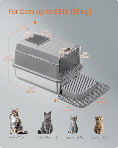 Feandrea Stainless Steel Cat Litter Box with Flip Lid, 2 Doors, Scoop