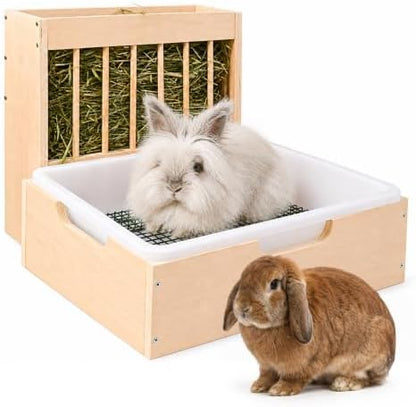 2 in 1 Extra Large Rabbit Hay Feeder with Litter Box, Wooden Bunny Toilet, for Large and Medium-Sized Dwarf Rabbit, Other Animals