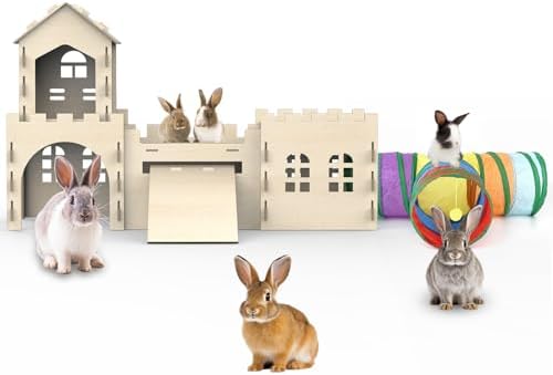 Large Bunny House and Hideouts, Wooden Dual-Layer Rabbit Castle with 4 House & Tunnels, Sturdy Habitat for Guinea Pig Chinchilla Ferret (Extra Large-4 House with Tunnels & Tubes)