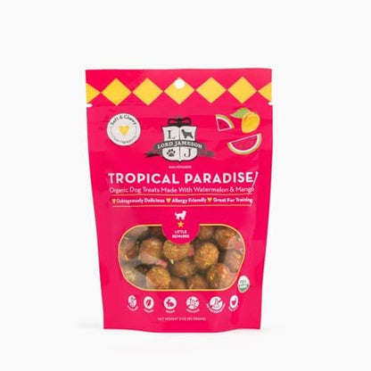 Lord Jameson Tropical Paradise Soft & Chewy Certified Organic Dog Treats for Small Breeds - Watermelon & Fiber-Packed Mango - No-Bake Recipe, Gluten & Preservative-Free - Made In USA - 3 oz