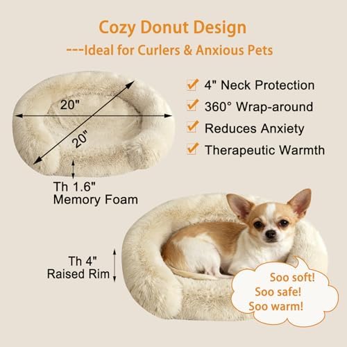 Calming Dog & Cat Beds with Orthopedic Egg-Crate Foam Raised Rim, Soft Fluffy Faux Fur Pet Bed for Small Medium Dogs, Anxiety Relief Spine Support, Machine Washable Cover (Round, Beige 20")
