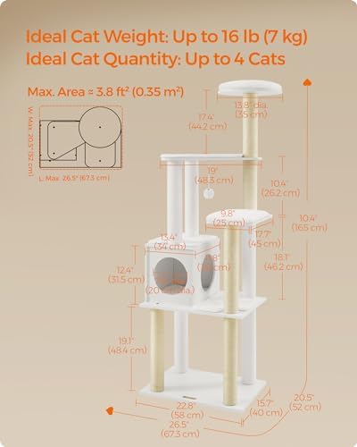 Feandrea Cat Tree, 65-Inch Multi-Level Tower with 5 Scratching Posts
